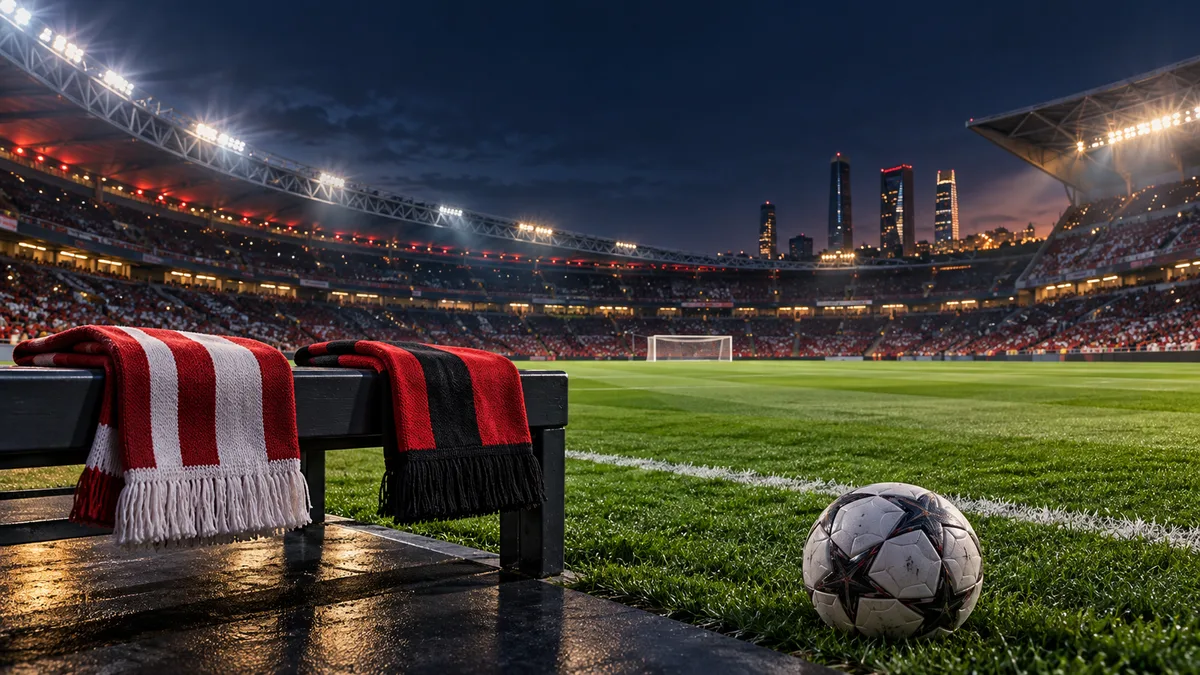 Illustration d’un terrain vert sous les projecteurs et d’écharpes rouges et blanches et rouges et noires pour Atlético–Manchester United