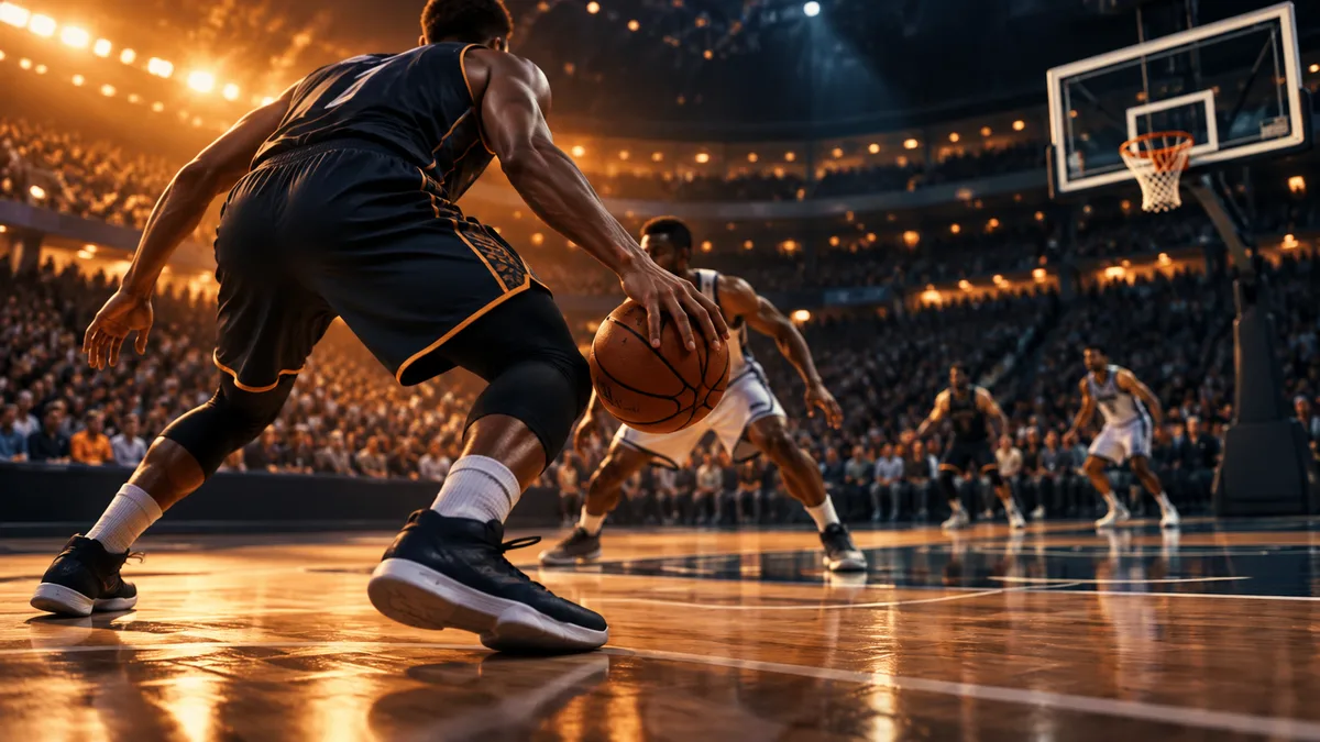 Illustration générée : terrain de basket dans une salle éclairée