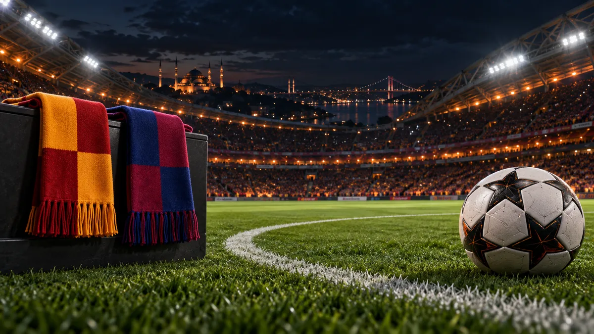 Illustration d’un stade sur terrain vert à Istanbul, avec des écharpes jaunes et rouges et bleues et grenat pour Galatasaray–Barcelone