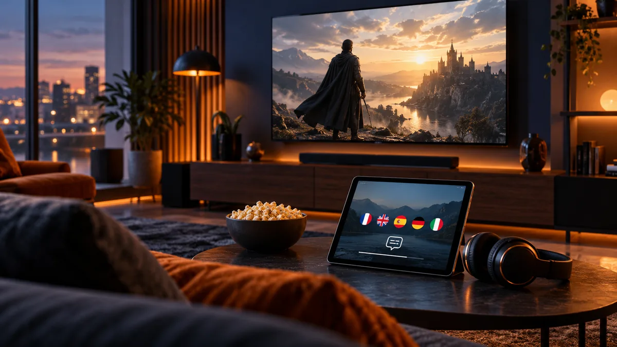 Illustration : écran de cinéma à domicile et accessoires pour choisir sa version audio