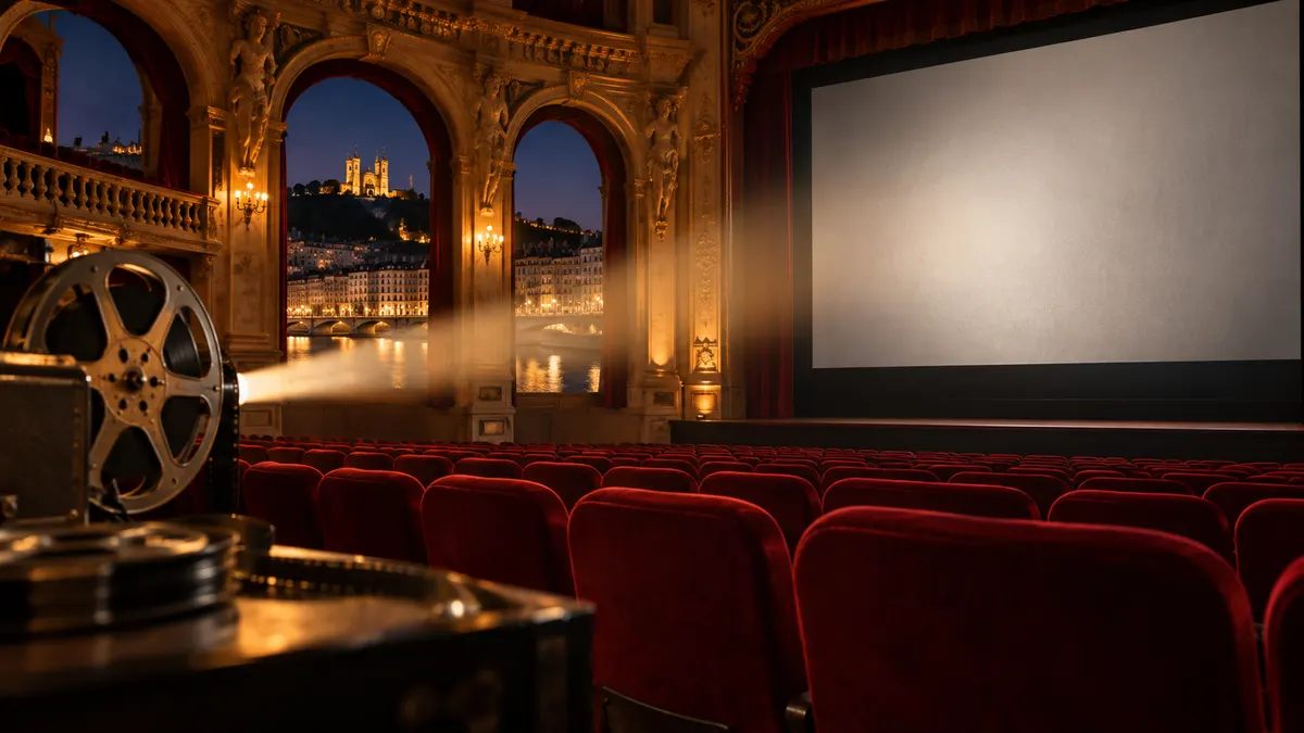 Illustration d’une salle de cinéma aux fauteuils rouges et d’un projecteur allumé