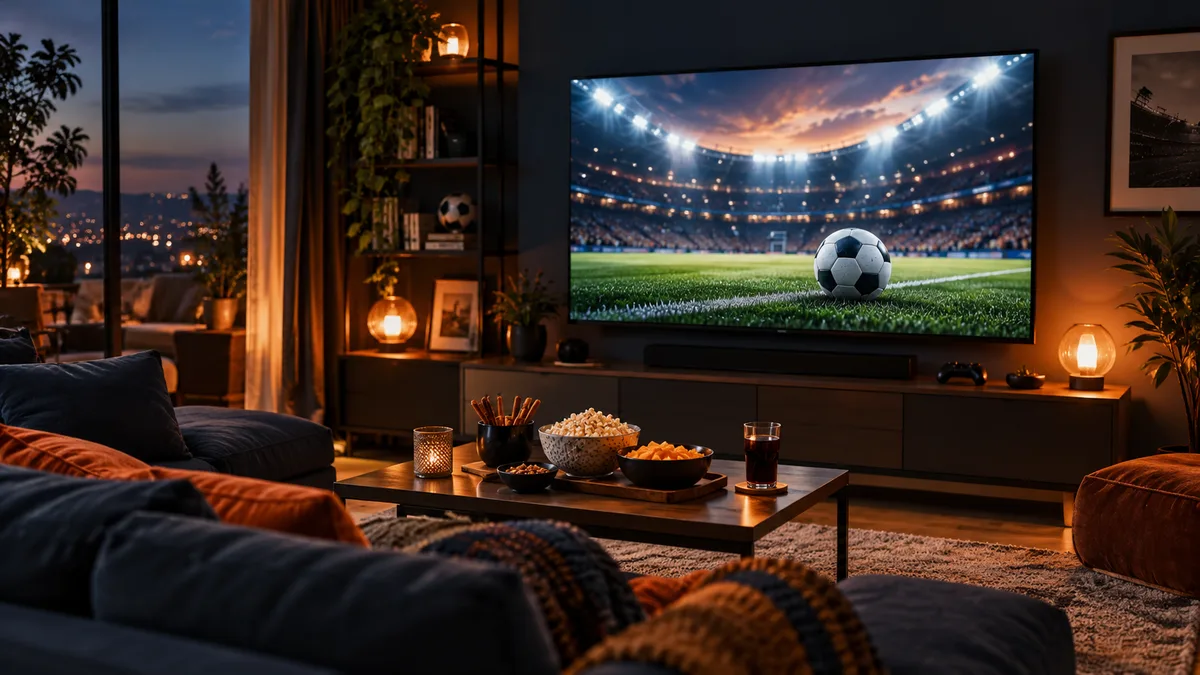 Illustration : salon préparé pour une soirée football à la télévision