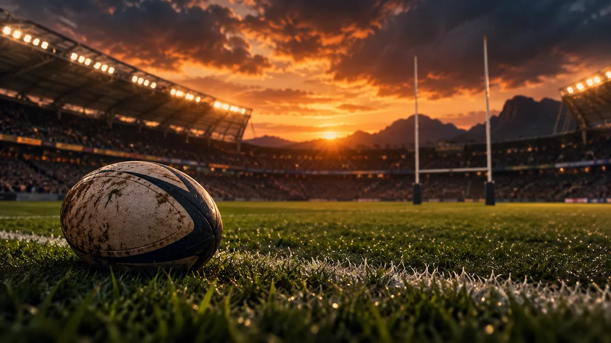 Illustration générée : stade de rugby et poteaux sous les projecteurs