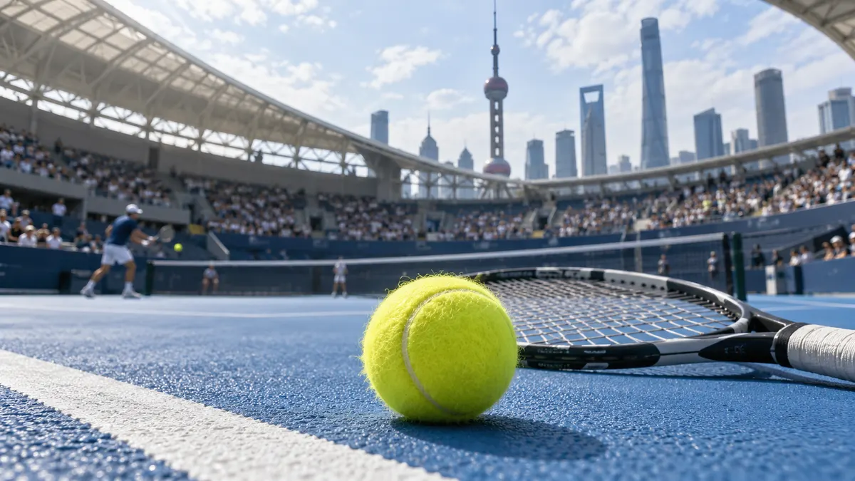 Illustration d’une balle et d’une raquette sur un court bleu dans une arène de tennis