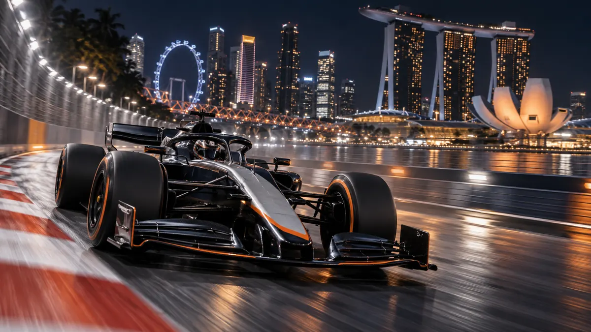 Illustration d’une monoplace sur un circuit urbain éclairé de nuit, inspiré de Singapour