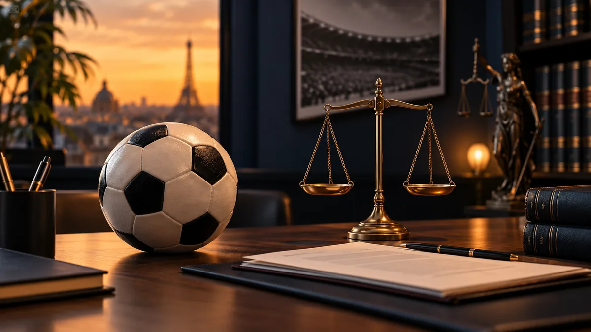Illustration conceptuelle générée : ballon de football et balance de justice